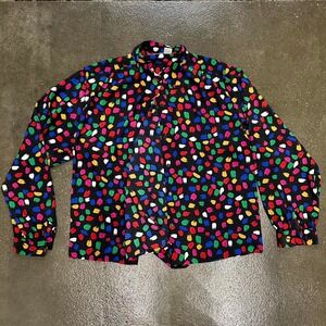 Vintage 70s Abstract Art Fitted Long Sleeve Women's Large Polyester Top Blouse